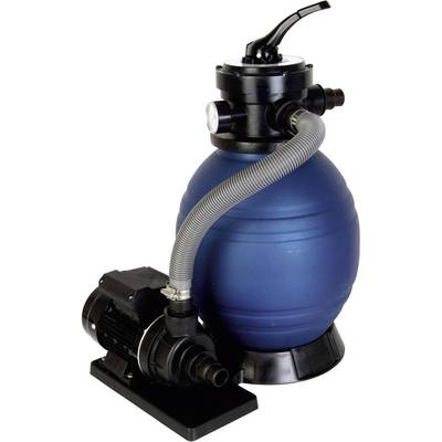Blue sand filter with black pump and hose, used for water purification.