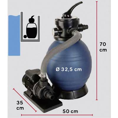 Sand filter system with blue sphere, 32.5 cm diameter, overall dimensions: 50 cm width, 35 cm depth, 70 cm height. Suitable for swimming pools.