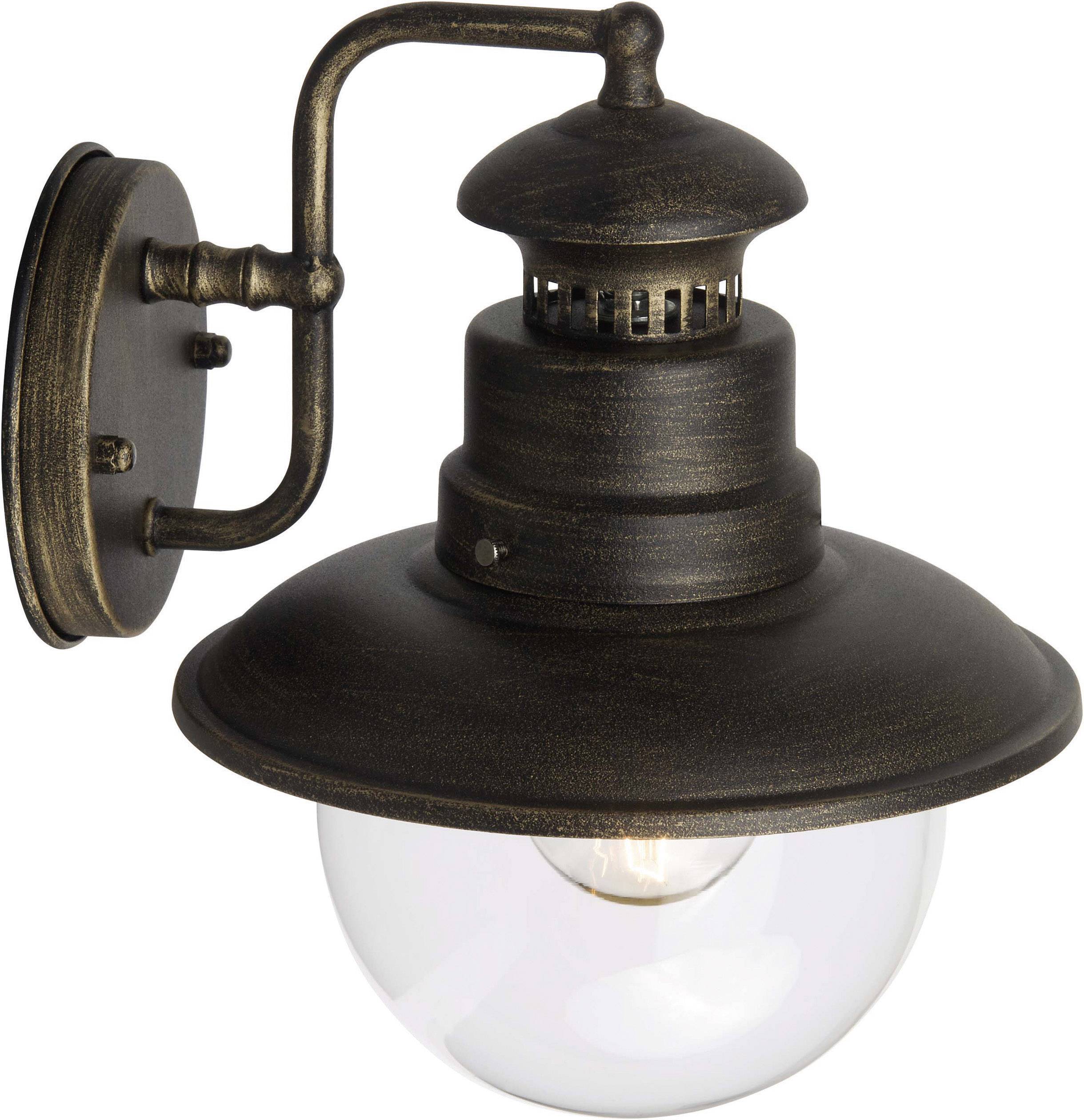 Wall light in an antique style, bronze-coloured, with a round glass lampshade, mounted on a curved bracket.
