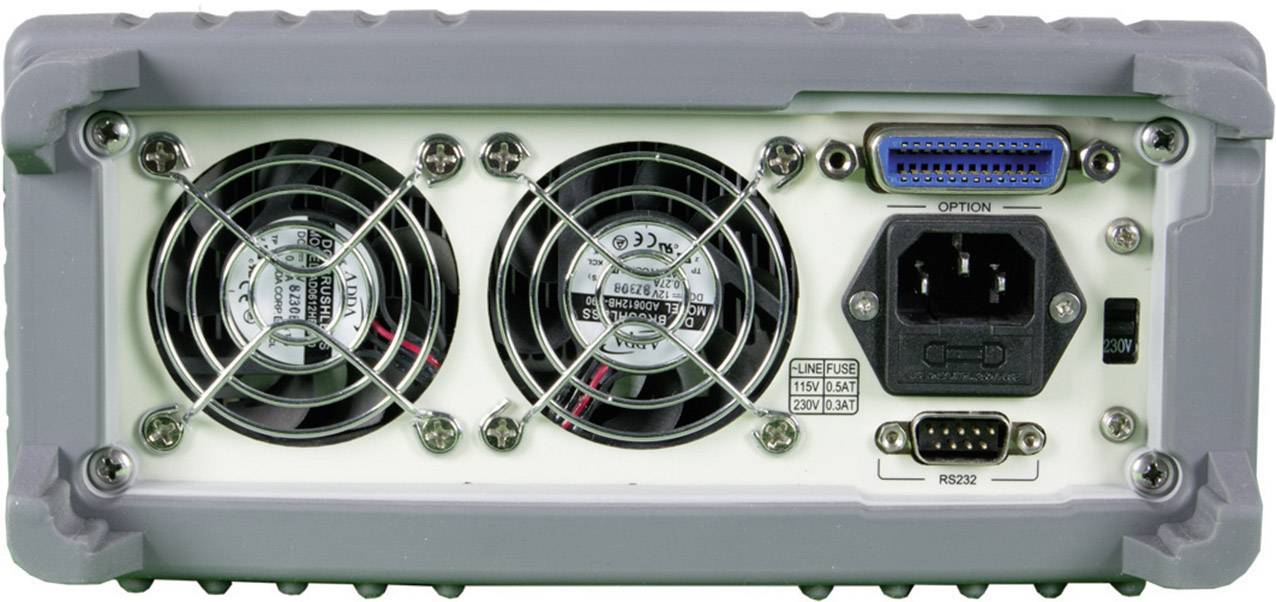 Back of an electronic device with two fans, multiple ports, and a power socket.