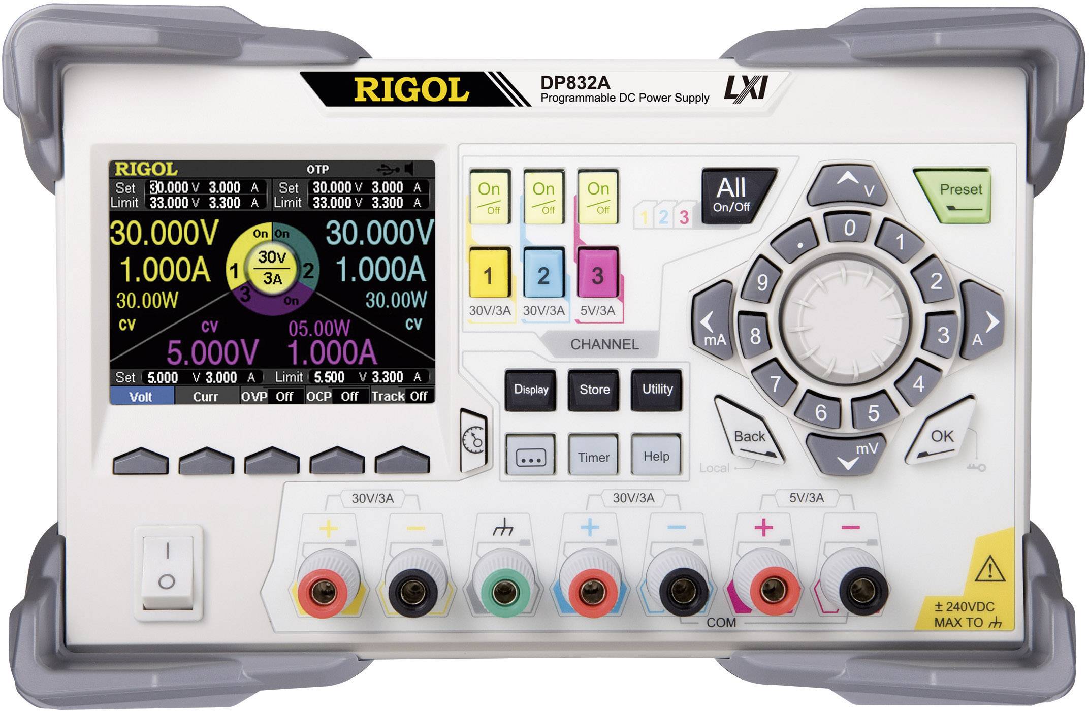 Rigol DP832A Bench PSU (adjustable voltage) 0 – 30 V DC 0 – 3 A 195 W No. of outputs 3 x