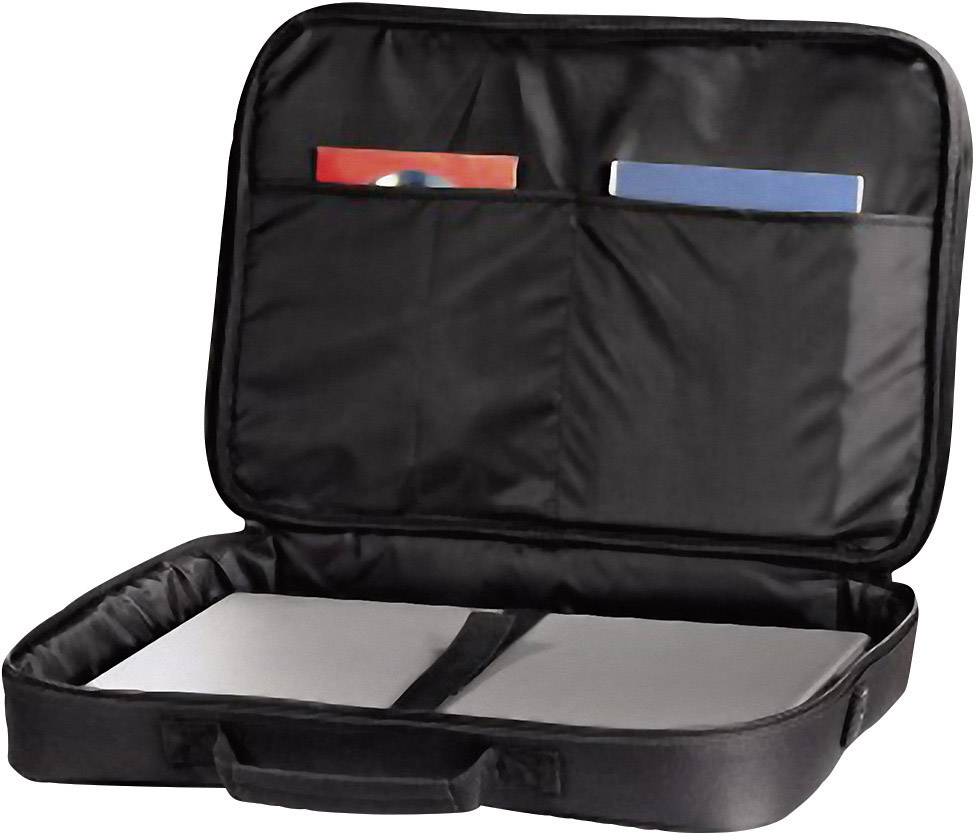 'Open black laptop bag with laptop and two additional internal compartments containing documents.'