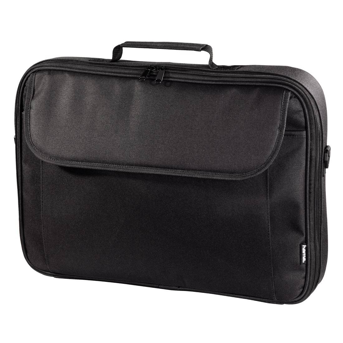A black laptop bag with a carry handle and a zipped front compartment. Ideal for safely transporting laptops.