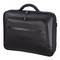 Black laptop bag with two zippered compartments and carrying handle, suitable for safely transporting a laptop.