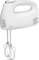 A white electric hand mixer with two whisk attachments.
