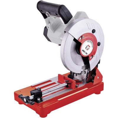 Metal saw with a red base and black handle, mounted on a workbench, ready to cut metal pieces.
