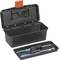 An opened black toolbox with a removable top tray. Two spanners are located in the tray.