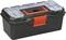 Black toolbox with a transparent lid and red locks, containing various small compartments for small parts.