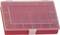 Red plastic storage box with transparent lid and multiple small compartments.