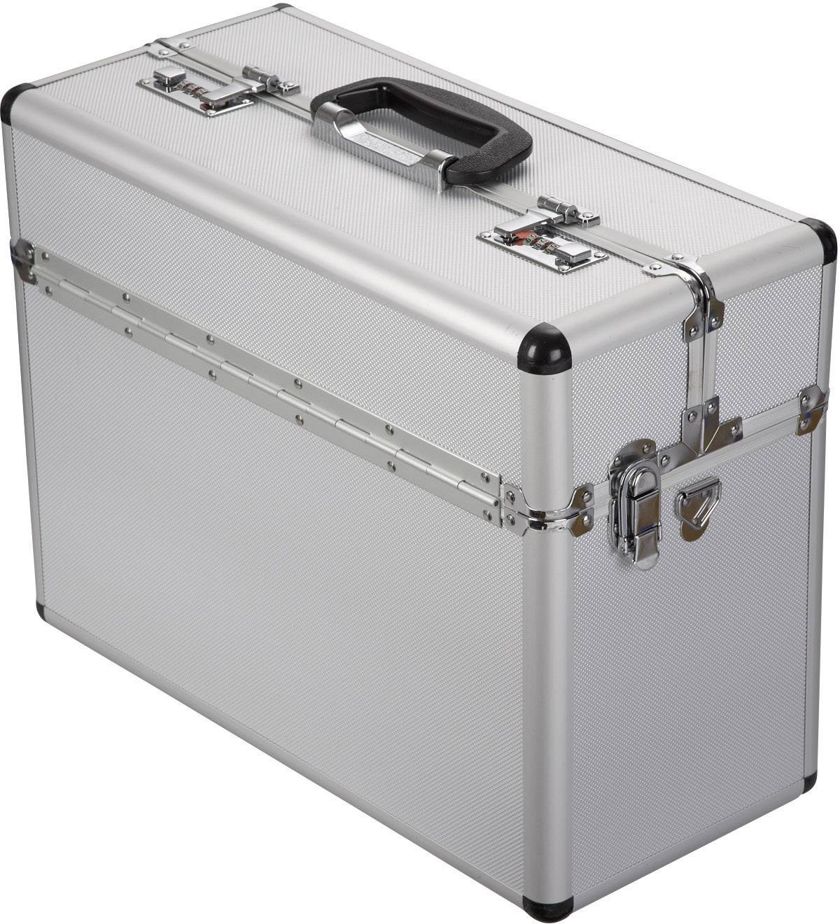 Silver aluminium case with a black carry handle and metal locks, sitting on a white surface.