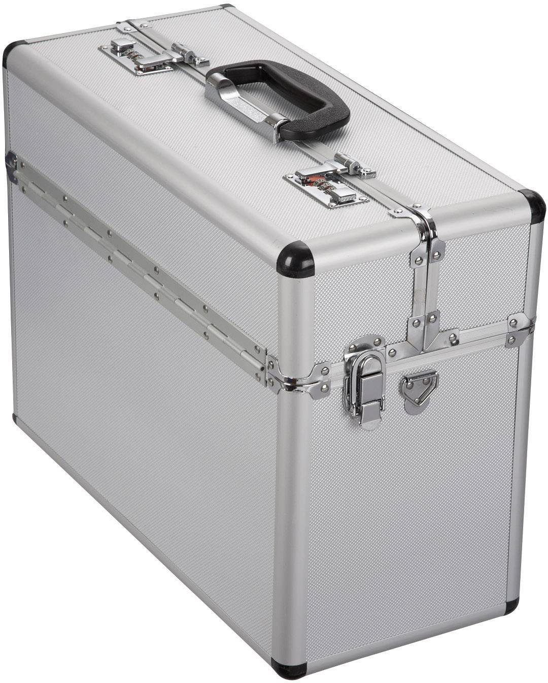 Silver metal case with a black handle, reinforced corners and a snap fastener.