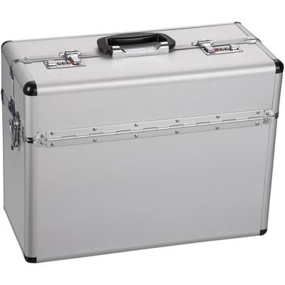 A silver suitcase with a black handle, secured by combination locks. Ideal for the safe storage of valuables.
