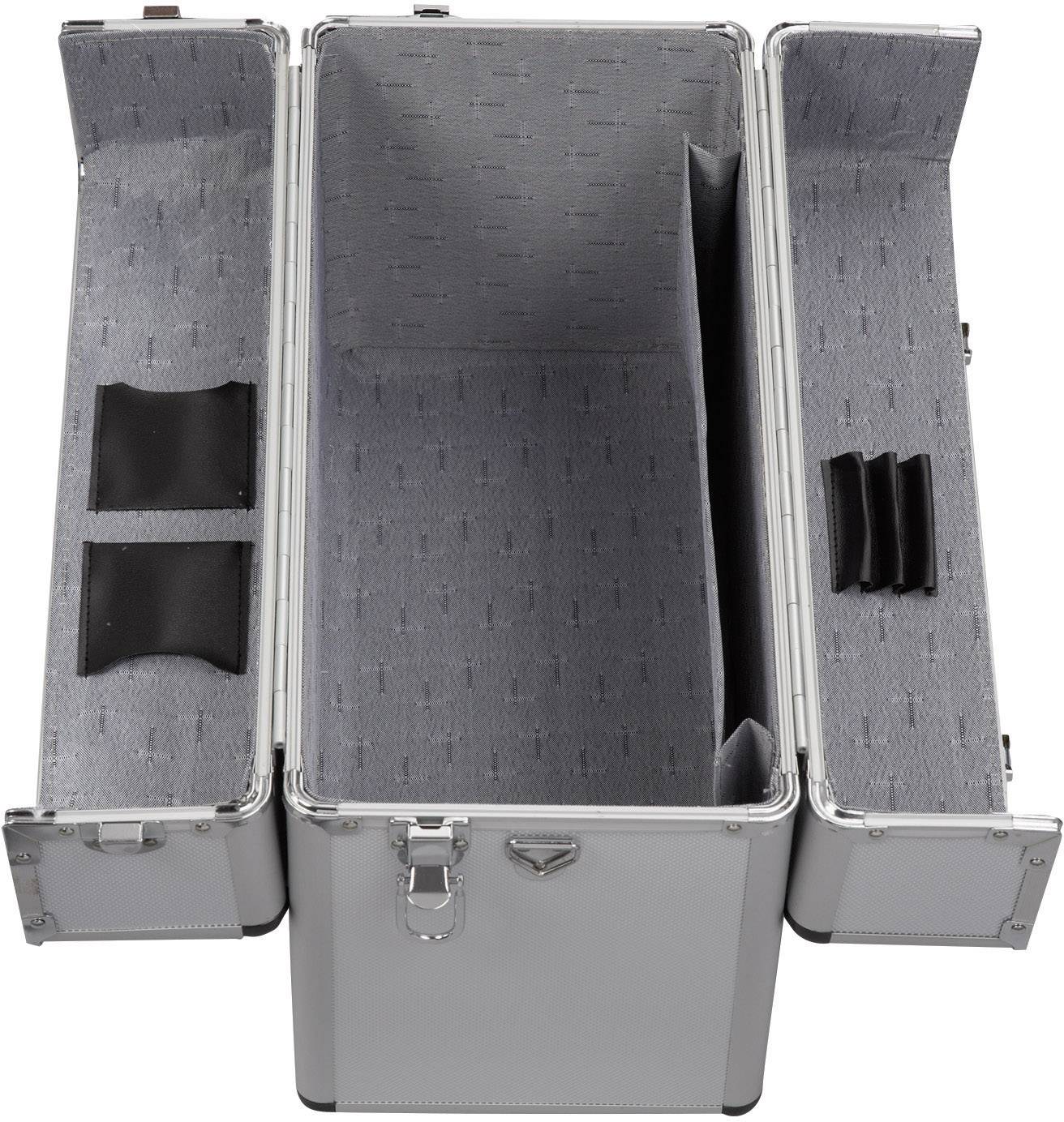 An opened aluminium case with grey interior lining, multiple compartments and pocket sections, suitable for storing equipment or accessories.