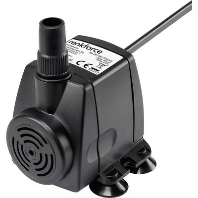 A black water pump with a cable and two suction cups. The label reads 'renkforce' and includes technical details.