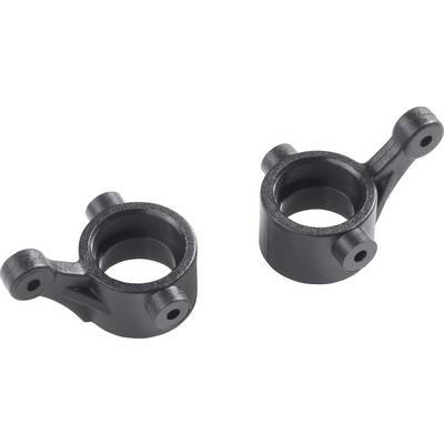 Two black, cylindrical plastic components with an arm and a hole, potentially parts for a mechanical or model-building project.