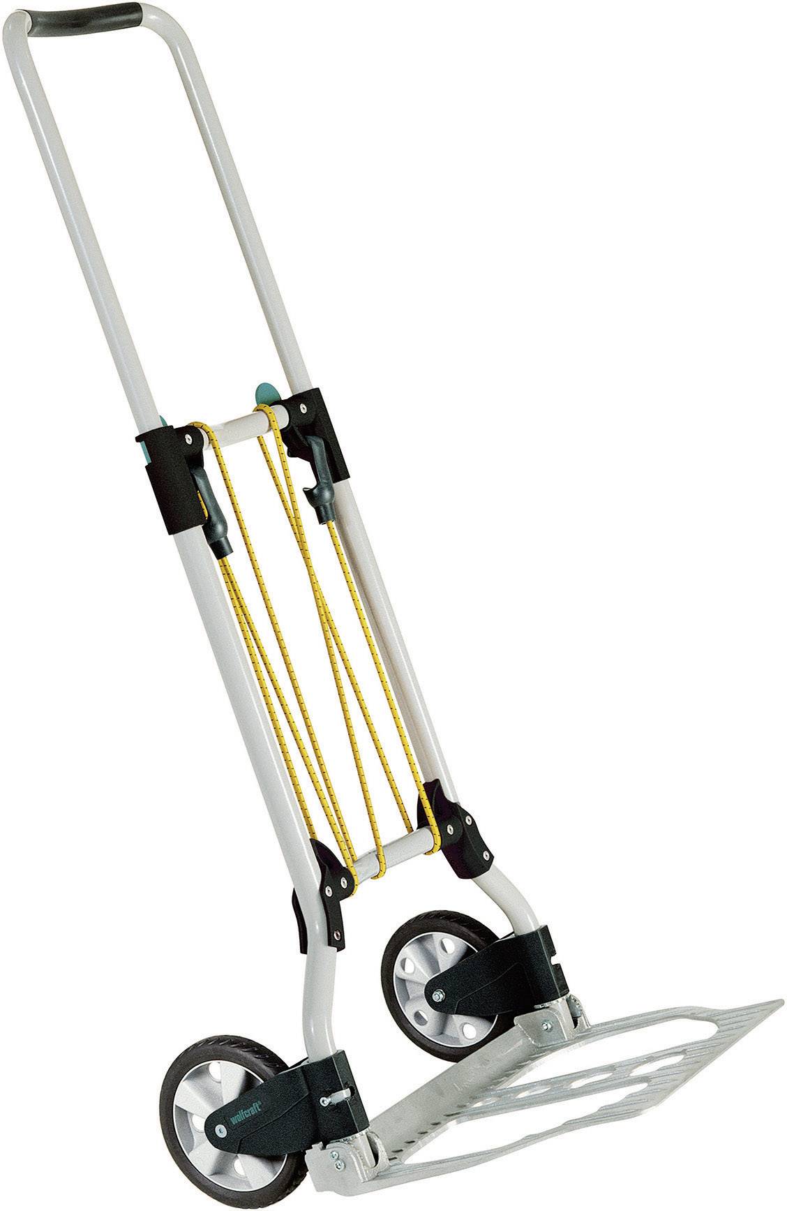 Folding two-wheeled trolley made of metal with a yellow cord lock, designed for transporting heavy items.
