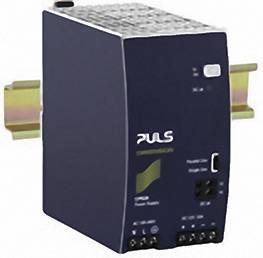 A blue industrial power supply from Puls with DIN rail mounting, suitable for power supply and automated systems.