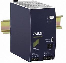 A blue switched-mode power supply by PULS, mounted on a DIN rail, for industrial power supply.