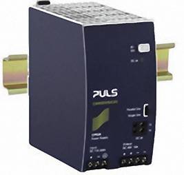 A blue industrial power supply unit by Puls on a DIN rail, suitable for electrical applications, with multiple connection options.