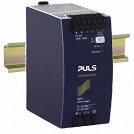 A blue PULS power supply mounted on a DIN rail, with a yellow logo and markings, displaying operational status.