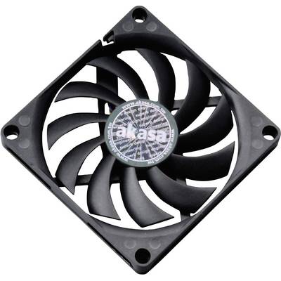 A square, black computer fan with twelve blades, a central sticker featuring the 'akasa' logo, and four mounting holes.