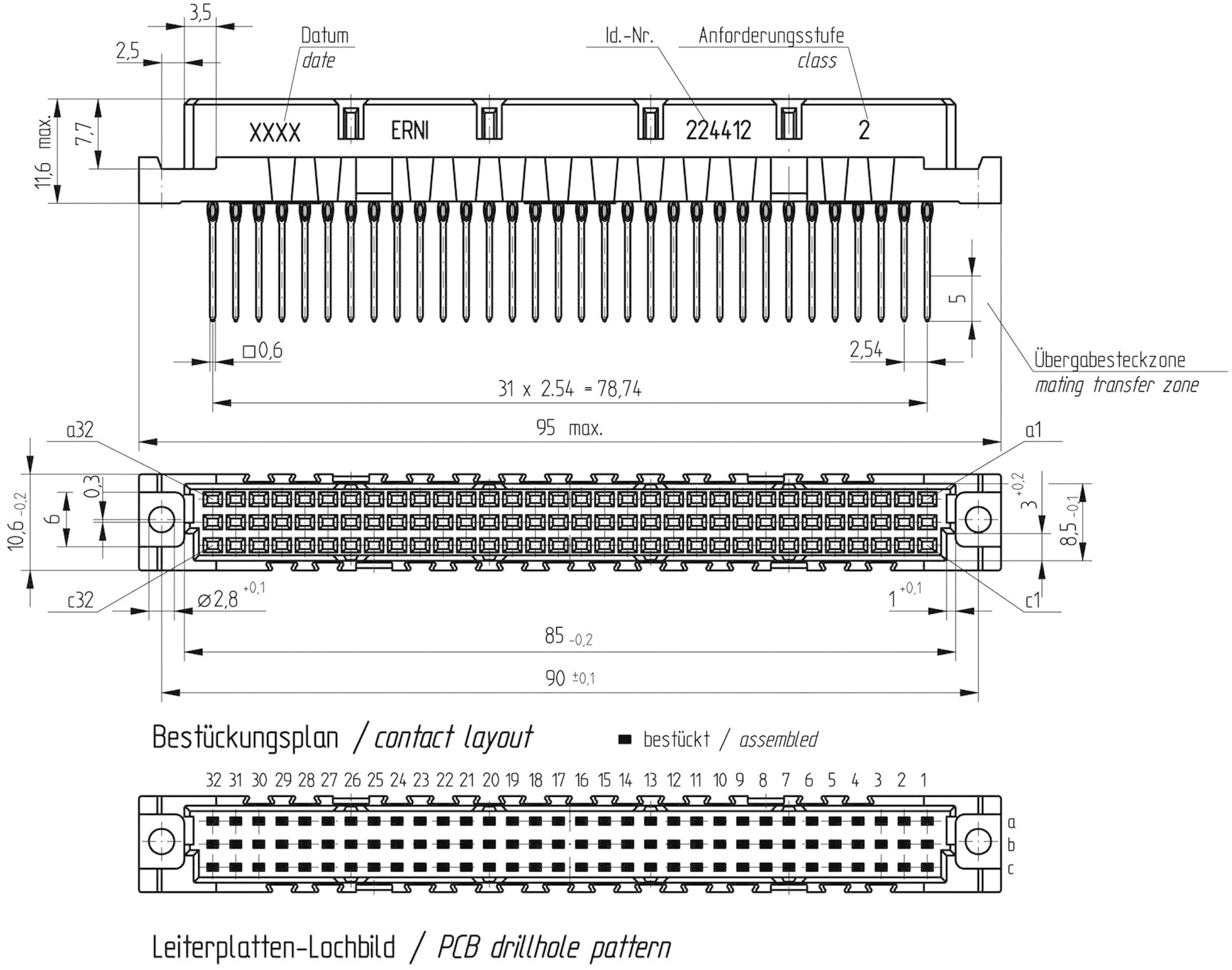Diagram of a connector with dimensions. Shows mounting plan and printed circuit board hole pattern. Contains technical details and measurements in millimetres.