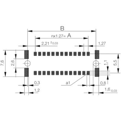 Technical drawing of an IC package with detailed dimensions and specifications, including pin spacing and overall width.