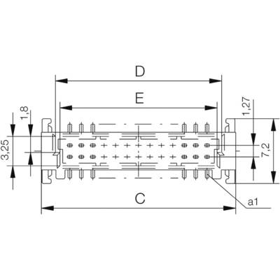 Technical drawing of an electrical connector with dimensions: total length 'D' and 'E', width 'C', and height measurements.