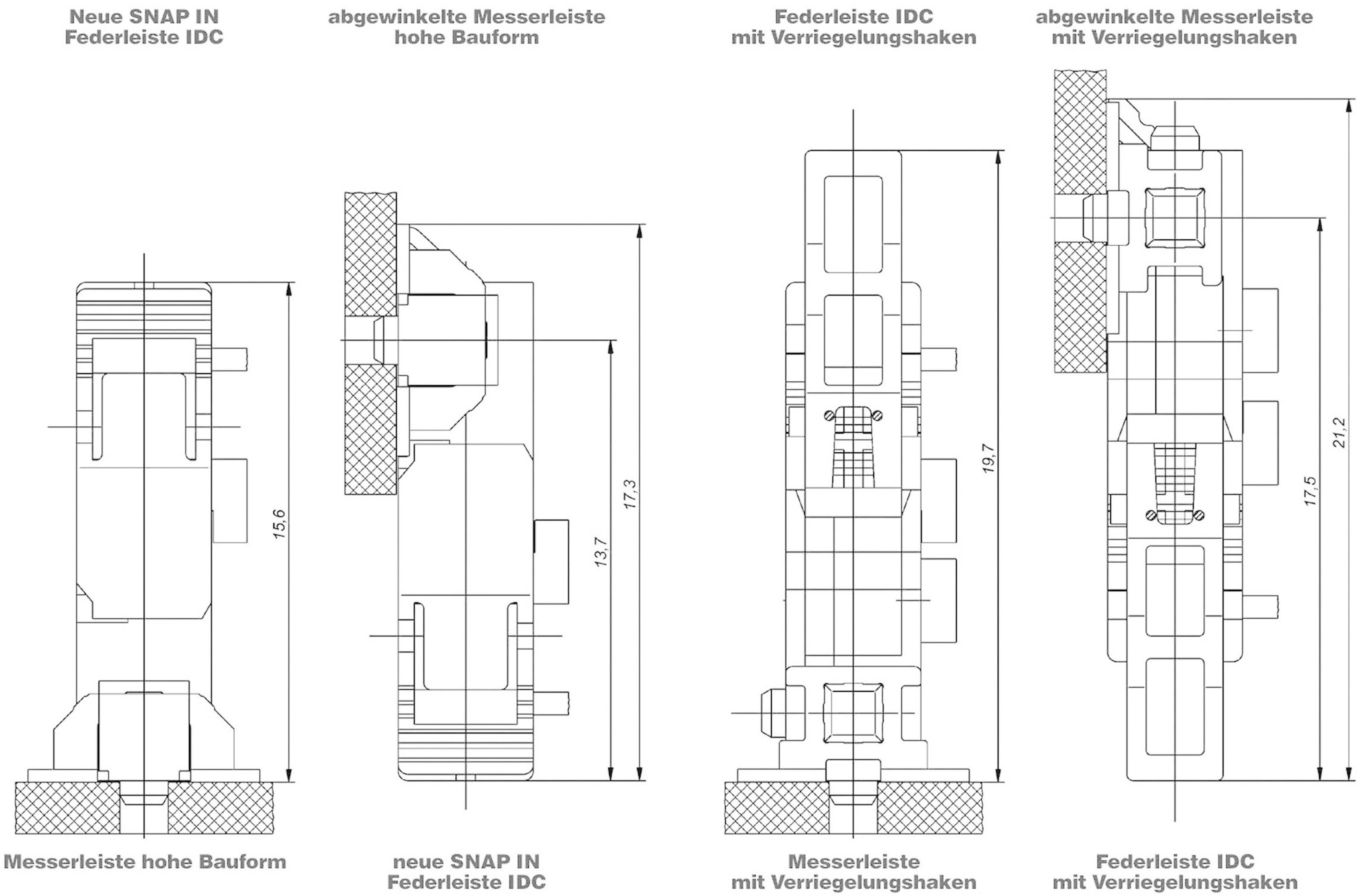 Technical drawing with multiple views of connectors, including new SNAP-IN spring-loaded IDC strip and blade strip with locking hook.