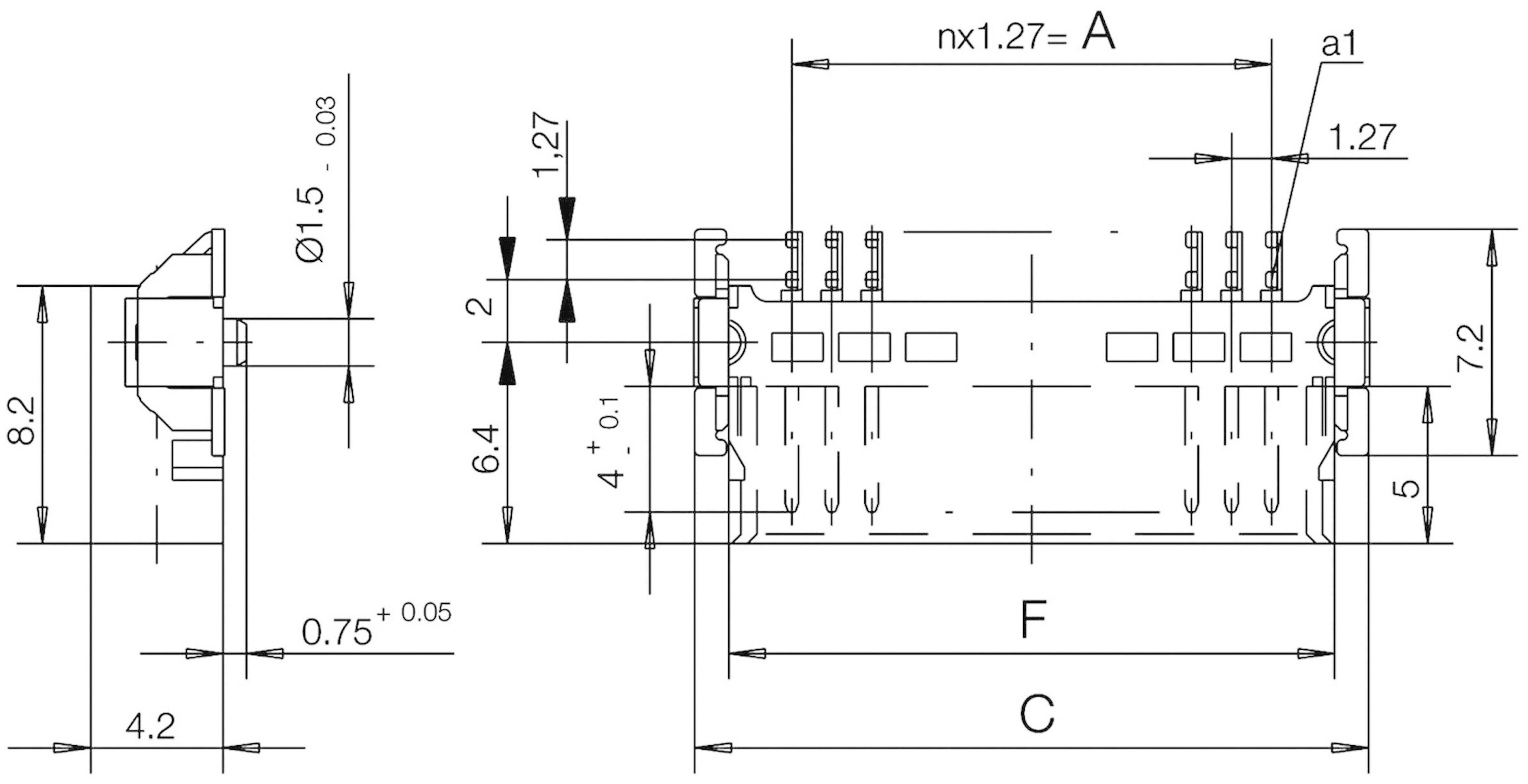 Technical drawing of an electronic component with dimensions in millimetres. Key measurements: width 7.2 mm, height 8.2 mm.