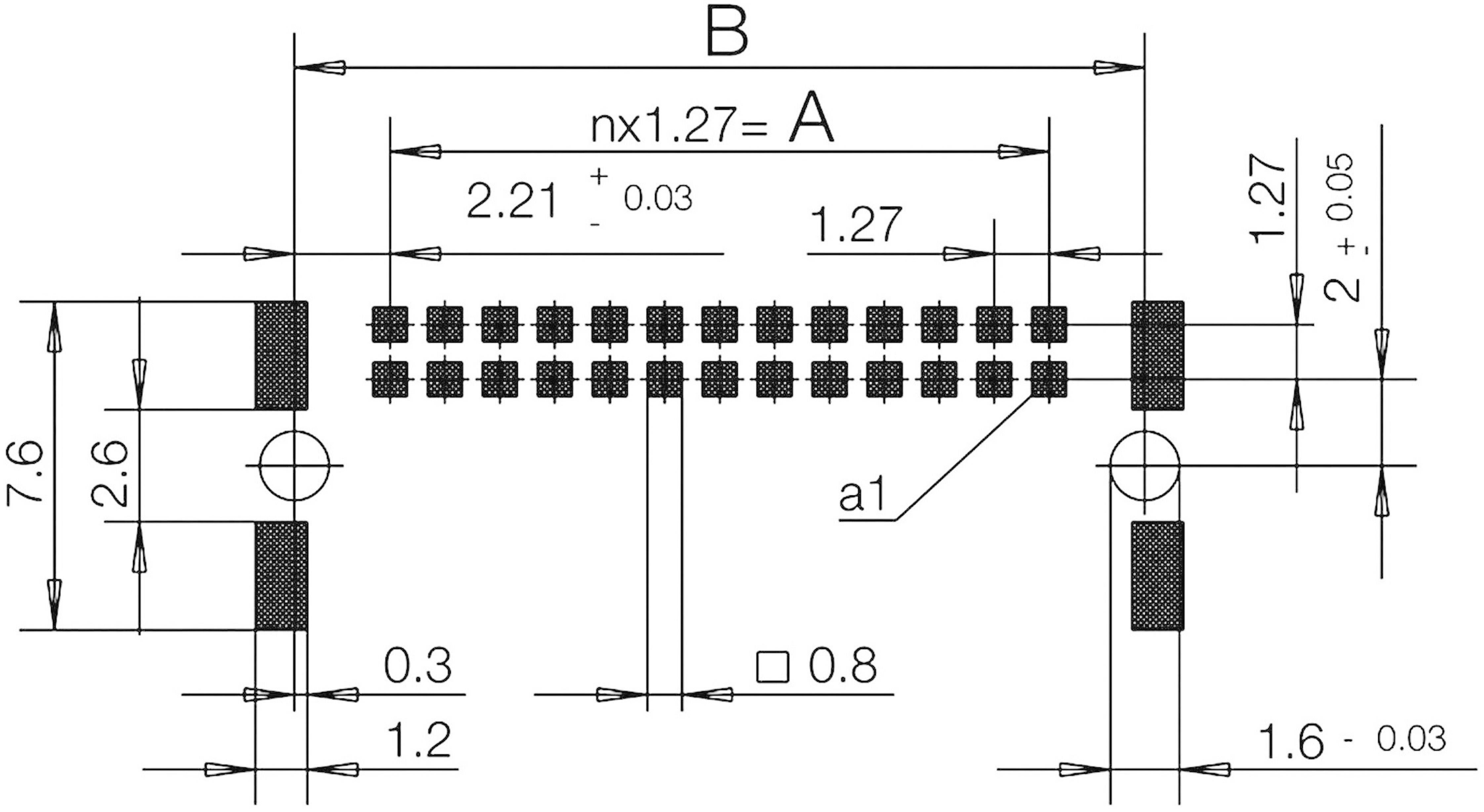 Technical drawing of a connector. Dimensions and tolerances are specified. The pin spacing is 1.27 mm.