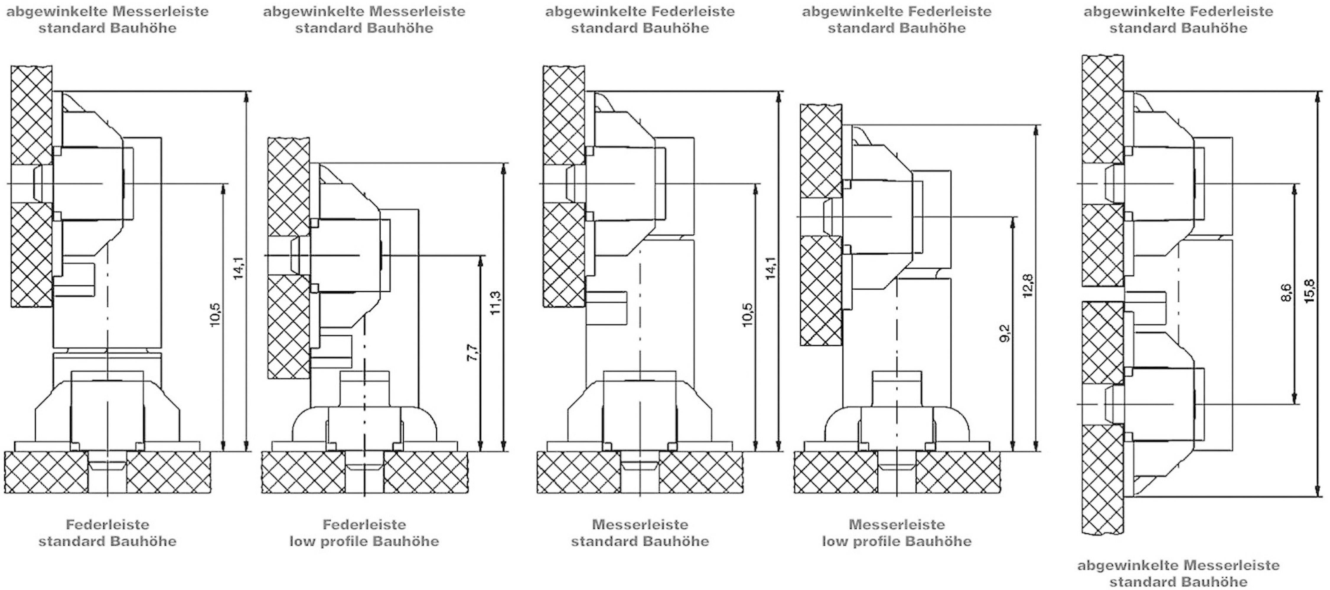 Technical drawing of five different switch types with dimensions in millimetres, each with standard and low profile heights.