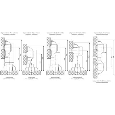 Technical drawing of five different switch types with dimensions in millimetres, each with standard and low profile heights.