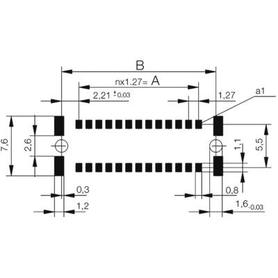 'Diagram showing the dimensions of a technical component. Contains horizontal and vertical dimensional specifications in millimetres with tolerances.'