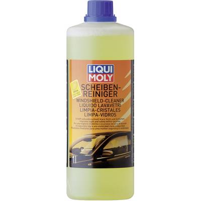 A bottle of LIQUI MOLY windscreen washer fluid with yellow liquid and a label describing its use as an effective glass cleaner.