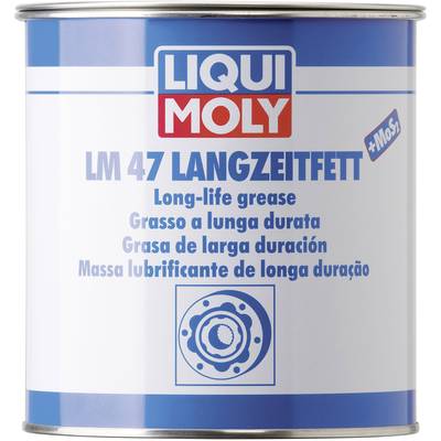 Tin with print 'LIQUI MOLY LM 47 LONG-TERM GREASE', blue text on white background, contains long-lasting lubricating grease.