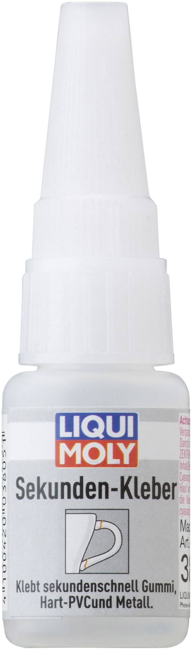 Liqui Moly super glue in a small white bottle; suitable for rapid bonding of rubber, hard PVC and metal.