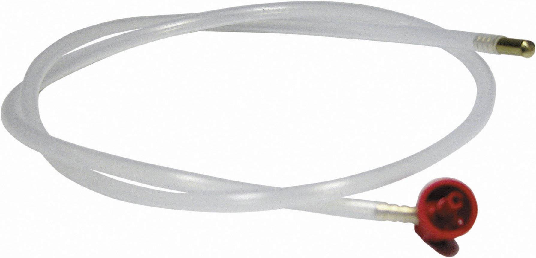 A slender, transparent tube with a metal tip and a small, red valve at one end.