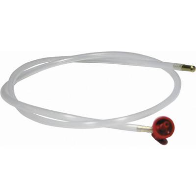 A slender, transparent tube with a metal tip and a small, red valve at one end.