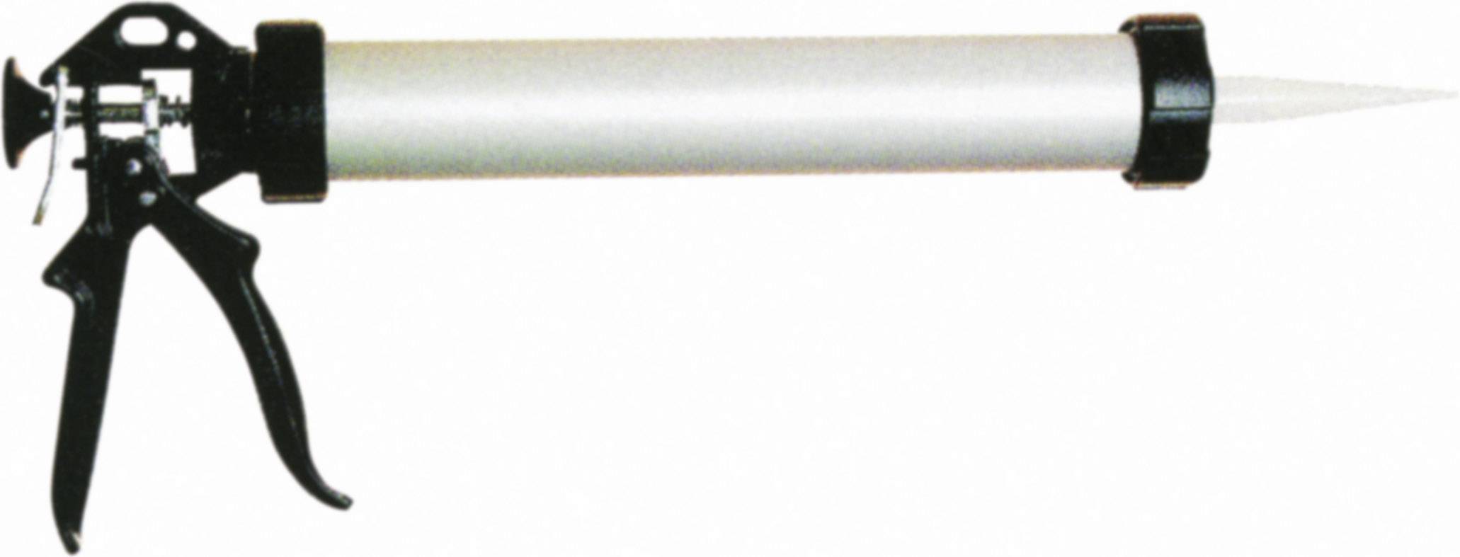 Caulking gun with a long, white tube and black handle, used for applying sealant or adhesive material.
