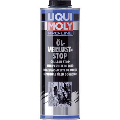 A tin of 'LIQUI MOLY Pro-Line Oil Loss Stop', an additive to reduce oil loss in engines, text in multiple languages.