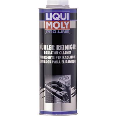 'Dose of Liqui Moly Pro-Line cooling system cleaner with an illustration of a gleaming car radiator. Includes a four-language product description.'