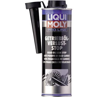 Tin with label 'LIQUI MOLY Pro-Line Transmission Oil Loss Stop', with an image of a gear wheel below. Product designed to prevent transmission oil loss.