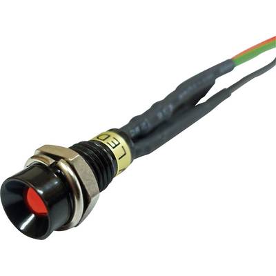 A red LED light with a metal casing, connected by colourful wires for power supply.