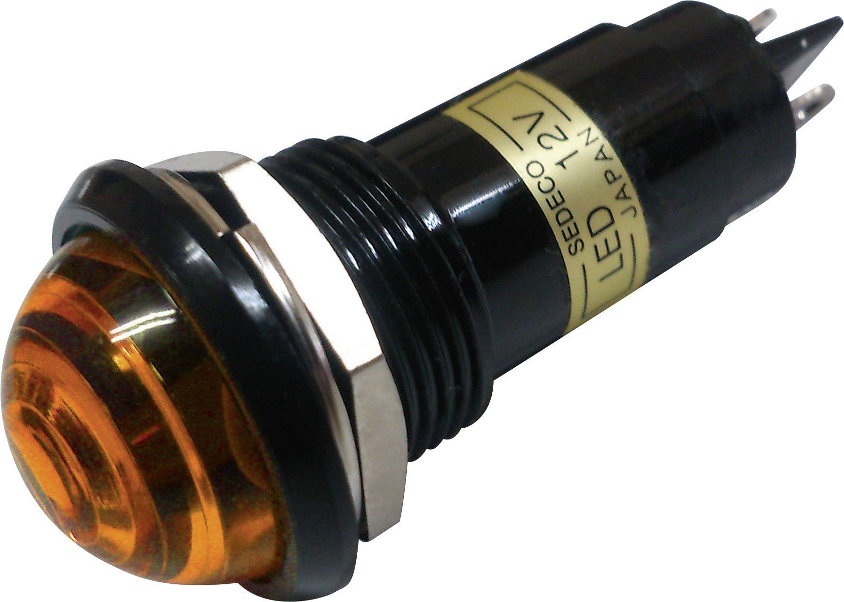 A 12V orange LED indicator light from Sedeco, cylindrical in shape, with connection terminals visible and a 'Japan' label.