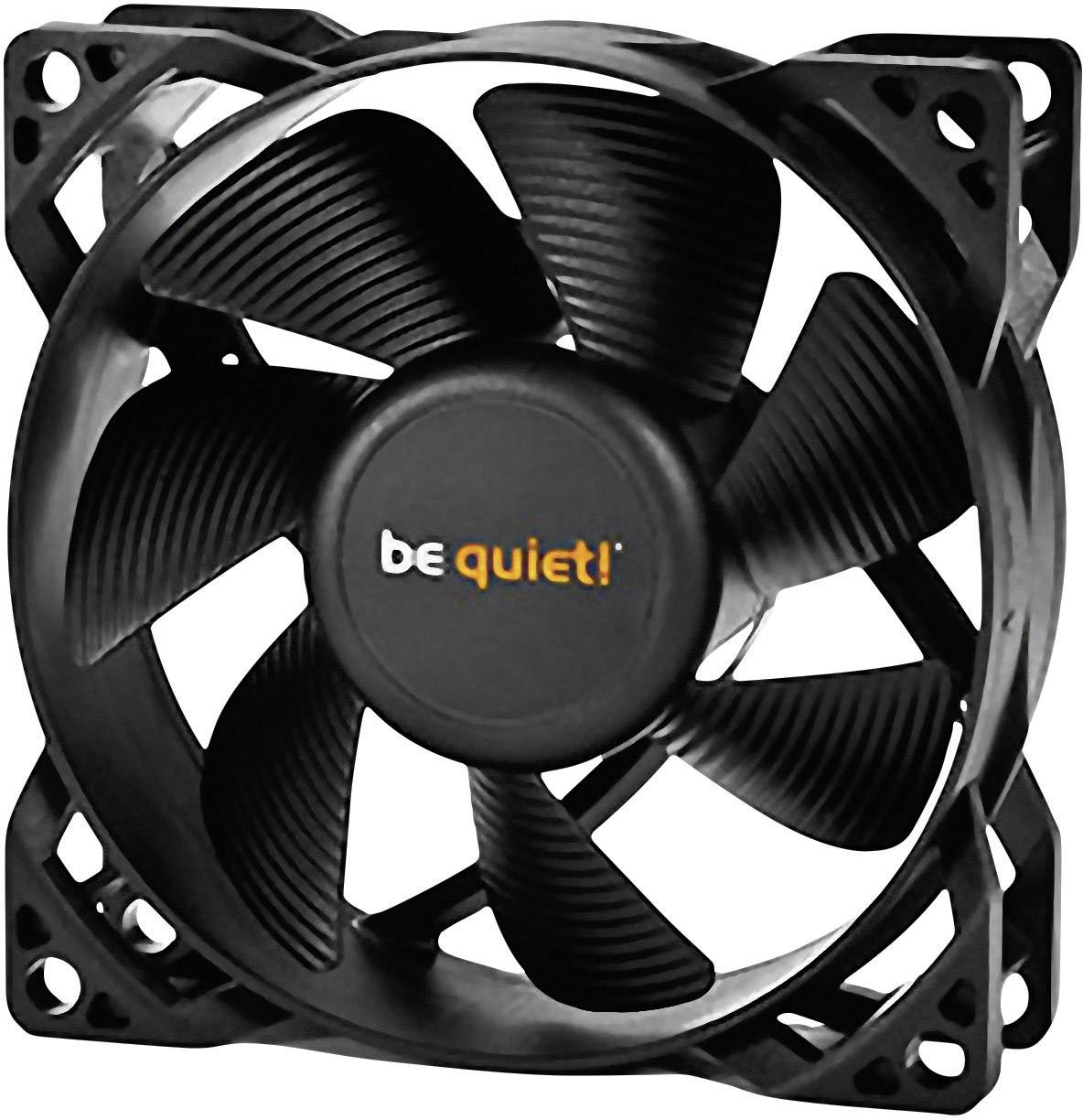 Black computer fan with five blades, with the inscription 'be quiet!' in the centre.