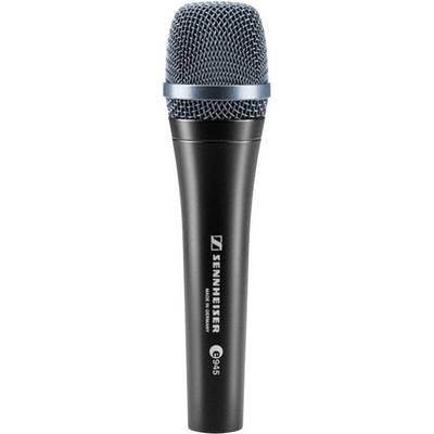 A black Sennheiser microphone, model e945, with a navy-black metal grille on top, suitable for professional vocal recordings.