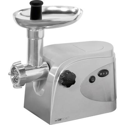 Electric meat grinder made of metal with a silver casing, hopper on top, crank handle, and power switch at the front.