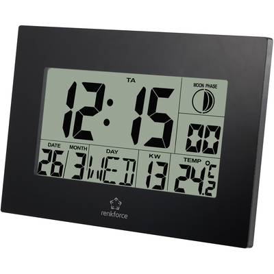 Digital wall clock with large digits shows 12:15. Date: 26th Wednesday; Moon phase, Calendar week 13, Temperature: 24.5°C.