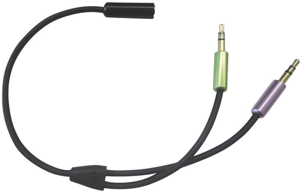 'Y-cable with two 3.5-mm plugs in green and violet for connecting audio devices, separately for headphones and microphone.'